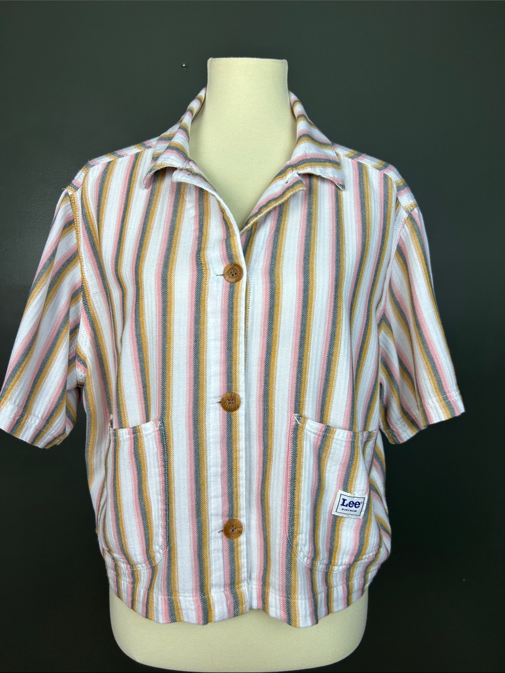 Lee Work Wear Striped Short-Sleeve Button-Up Shirt in Pink Green blue Yellow XL